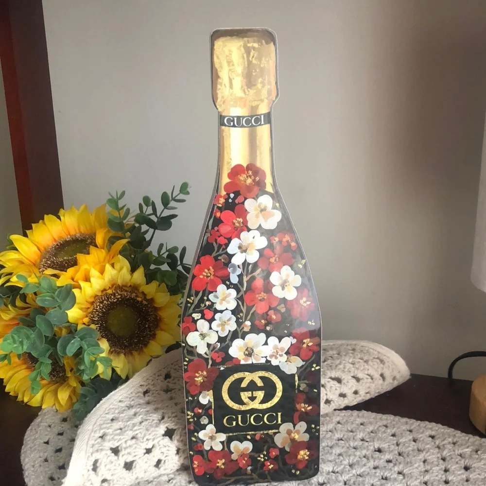 Gucci Red and Gold Floral Champagne Bottle Wooden Home Decor